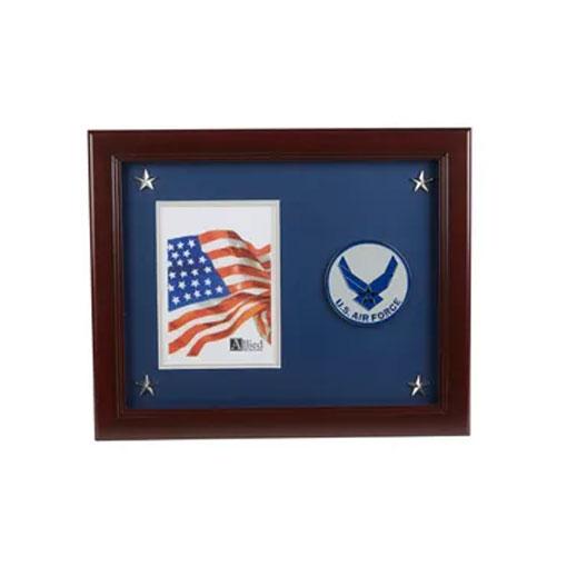 Aim High Air Force Medallion Picture Frame featuring golden stars, blue matting, and mahogany wood, designed for a 5x7 photo.